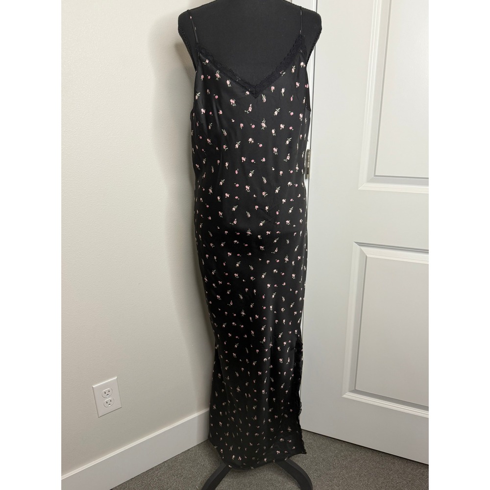 Stitch & Pine Black Floral Satin Lace Trim Midi Slip Dress Pink Rose Print Sz XL